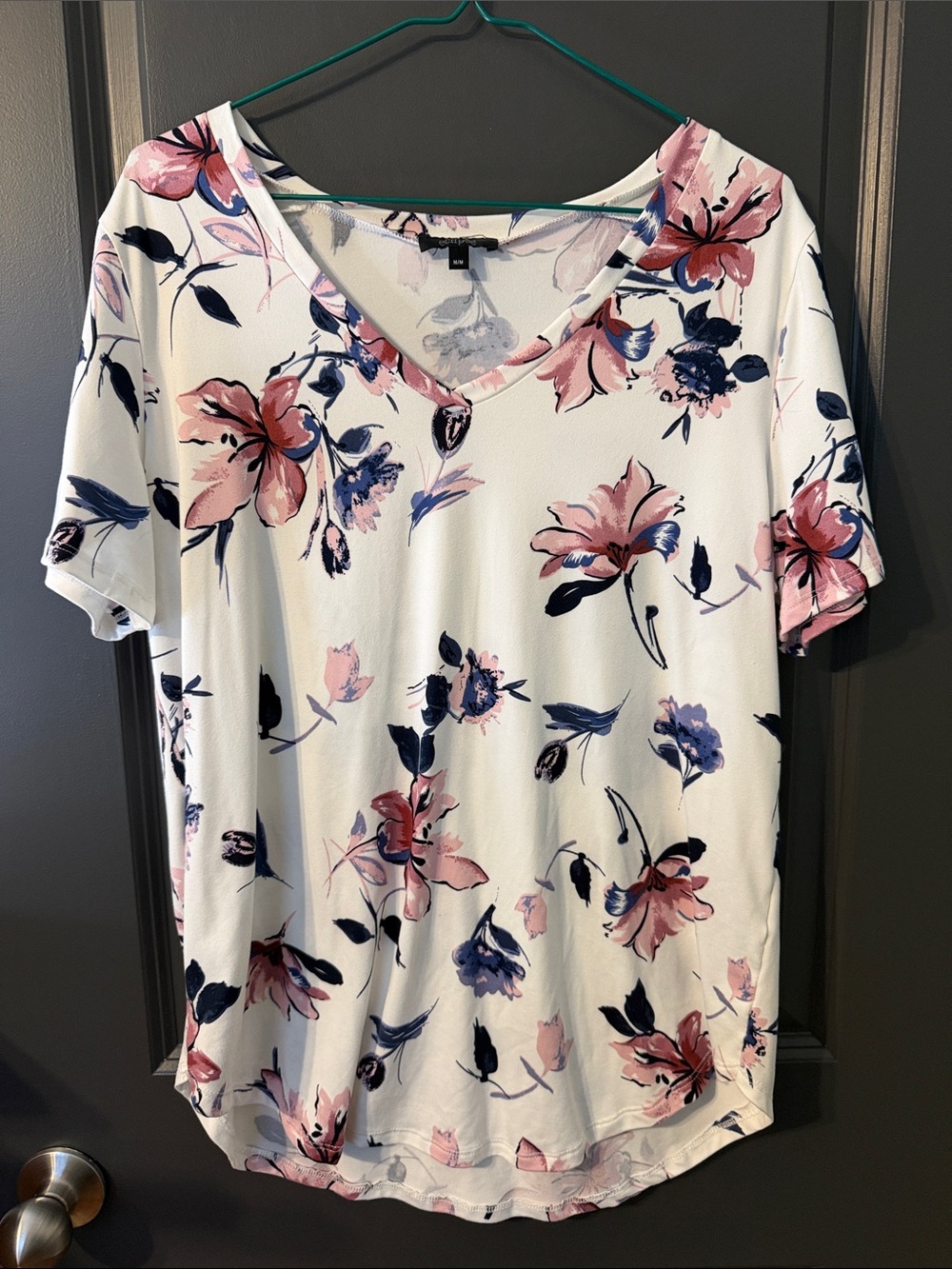 Floral V-Neck Short Sleeve Top - White with Pink & Blue Flowers